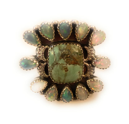 Handmade Sterling Silver, Variscite & Opal Cluster Adjustable Ring