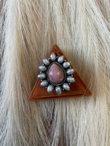 Handmade Sterling Silver, Mother of Pearl & Rhodochrosite Cluster Adjustable Ring Signed Nizhoni