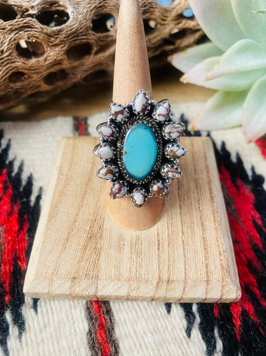 Handmade Sterling Silver, Wild Horse & Turquoise Cluster Adjustable Ring