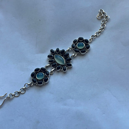 Handmade Sterling Silver, Onyx & Aqua Calcedony Link Bracelet Signed Nizhoni