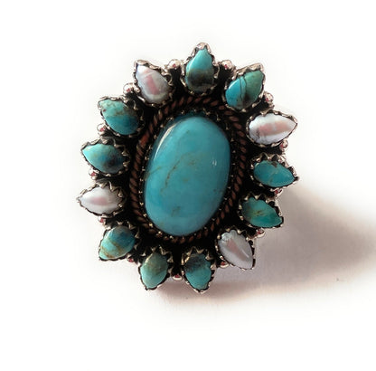 Handmade Sterling Silver, Turquoise & Pearl Cluster Adjustable Ring