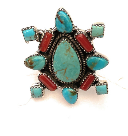 Handmade Sterling Silver, Turquoise & Coral Cluster Adjustable Ring