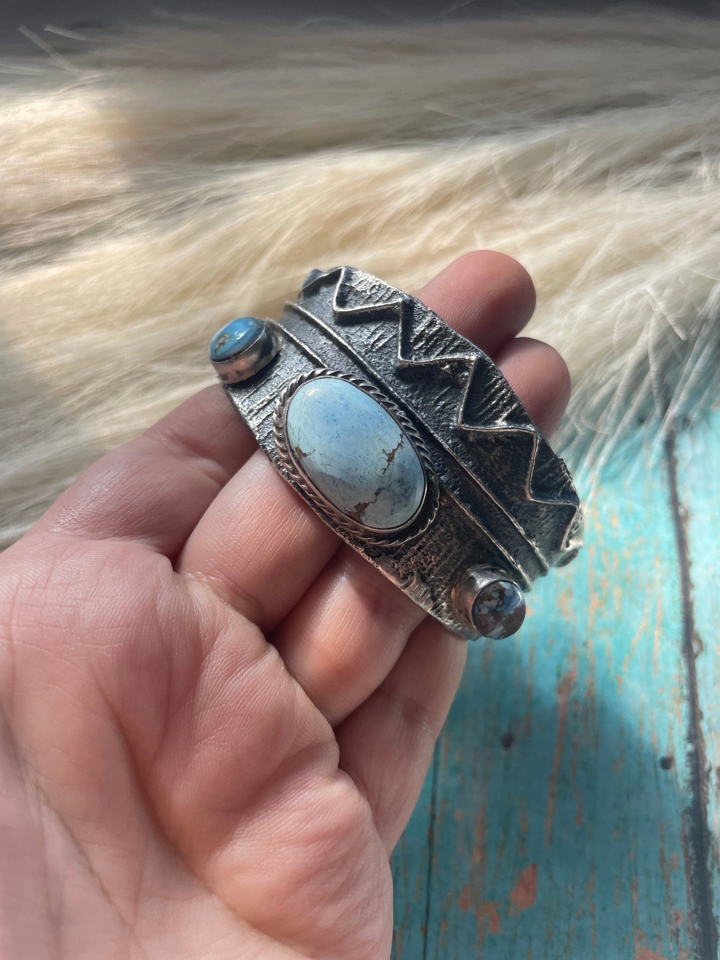 Navajo Golden Hills & Sterling Silver Tufa Cast Cuff Bracelet Signed