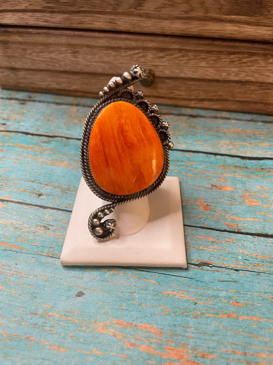 Navajo Sterling Silver And Orange Spiny Ring Size 8