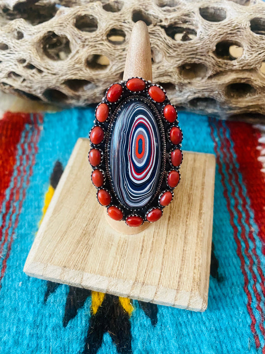 Handmade Sterling Silver, Fordite & Coral Cluster Adjustable Ring