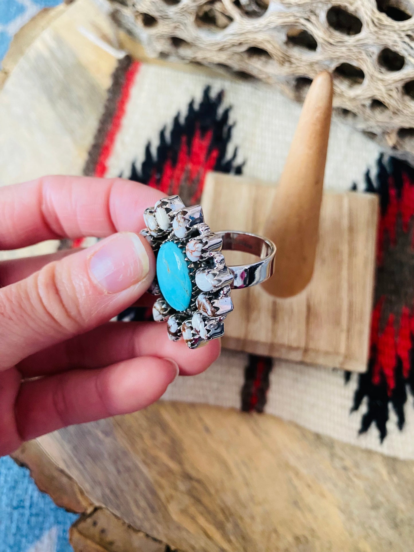 Handmade Sterling Silver, Wild Horse & Turquoise Cluster Adjustable Ring