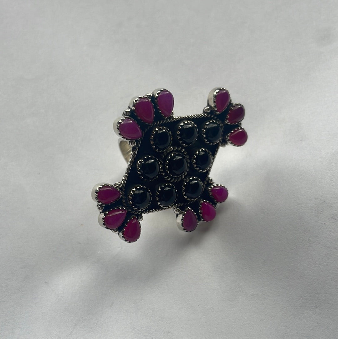 Handmade Pink & Black Onyx Sterling Silver Adjustable Ring Signed Nizhoni