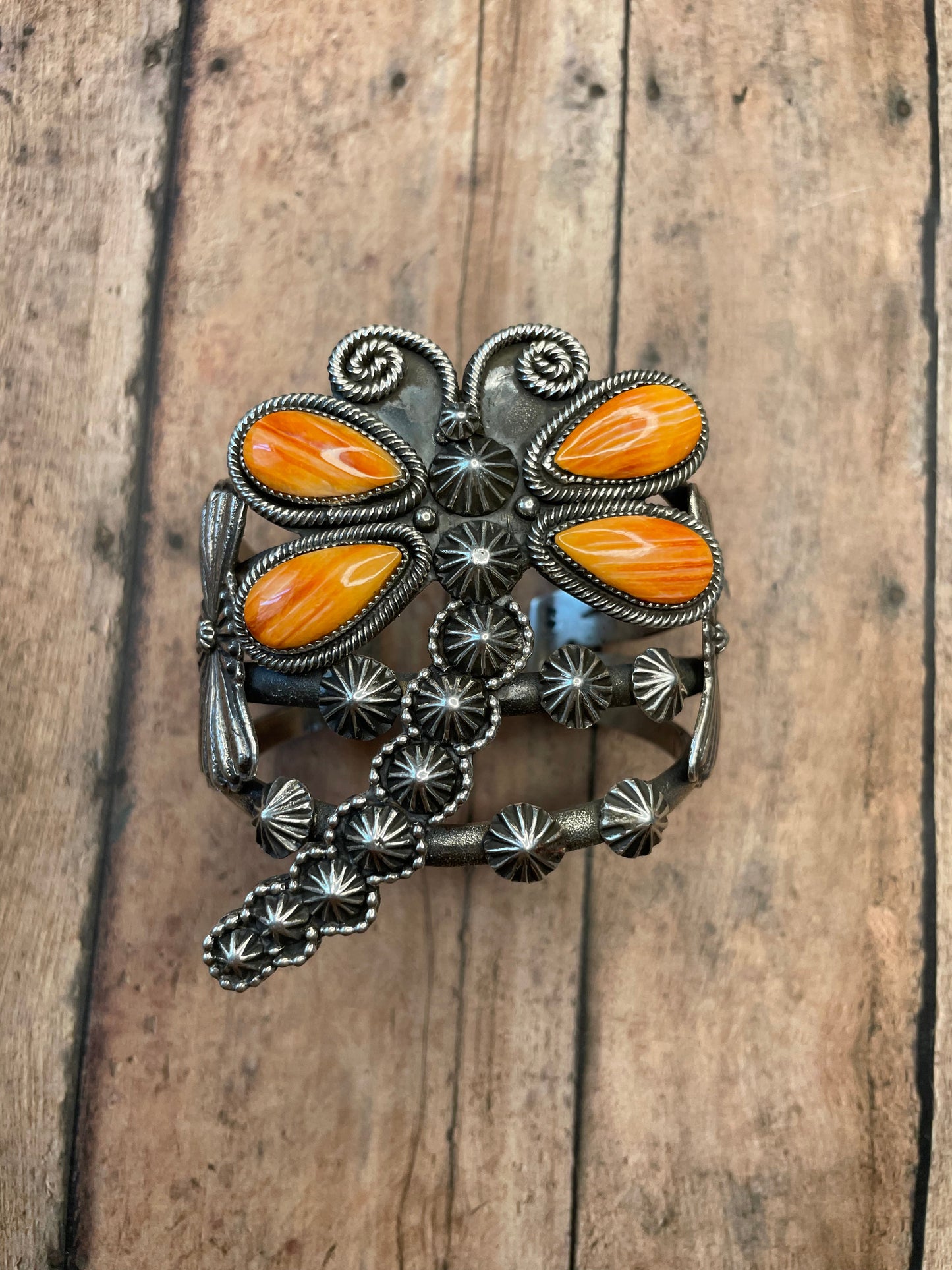 Navajo Sterling Silver And Orange Spiny Dragonfly Cuff Bracelet By K Billah