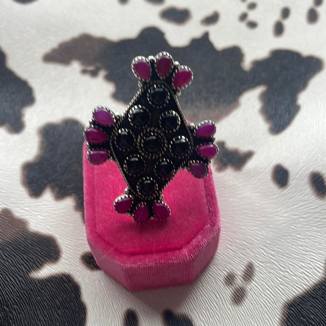 Handmade Pink & Black Onyx Sterling Silver Adjustable Ring Signed Nizhoni