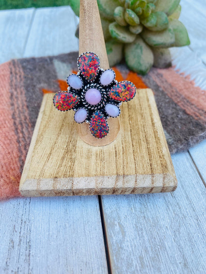 Handmade Sterling Silver, Opal & Queen Pink Cluster Adjustable Ring