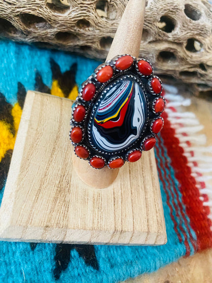 Handmade Sterling Silver, Fordite & Coral Cluster Adjustable Ring