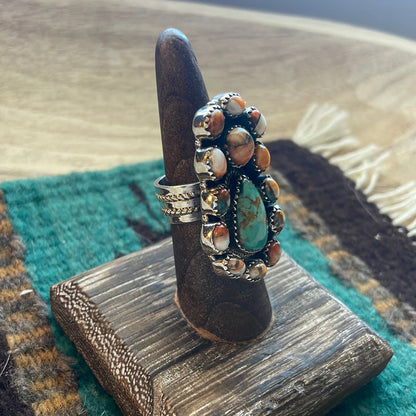 Beautiful Handmade Turquoise, Spice And Sterling Silver Adjustable Ring Signed Nizhoni