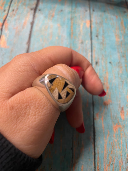 Old Pawn Navajo Sterling Silver, Tiger Eye & Onyx Ring Size 10