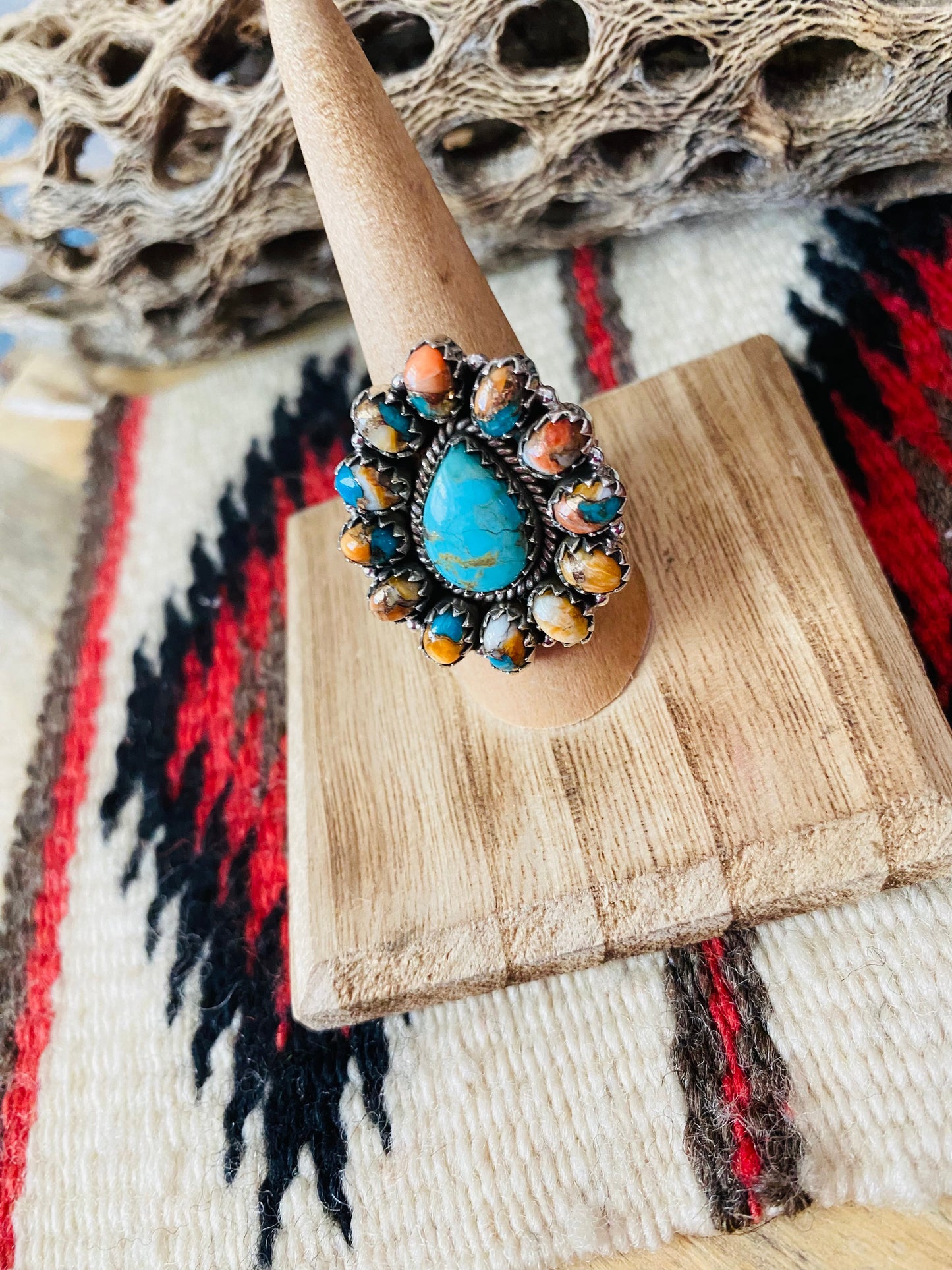 Handmade Sterling Silver, Spice & Turquoise Cluster Adjustable Ring