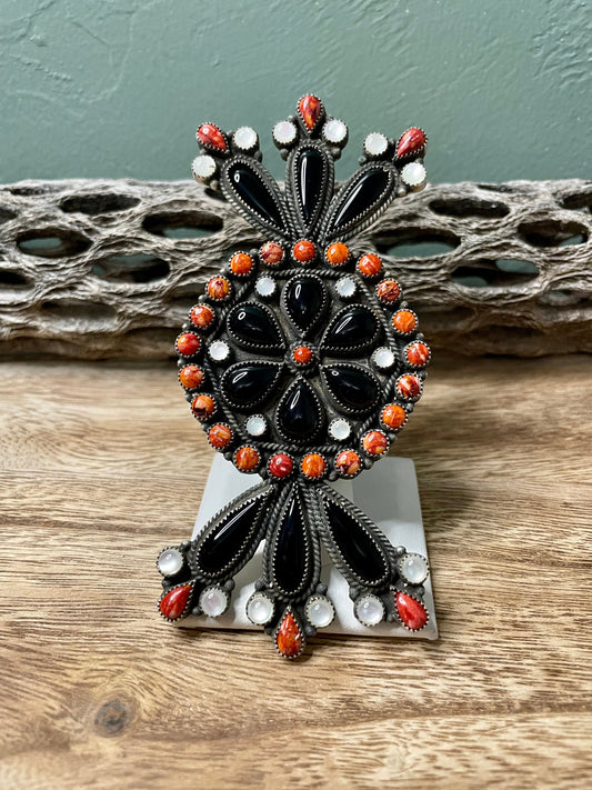 Navajo Sterling Silver Black Onyx And Orange Spiny Statement Ring Size 8 By Devon Brown