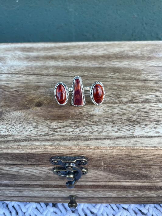 Navajo Sterling Silver And Dark Orange Spiny Adjustable Triple Threat Knuckler Ring