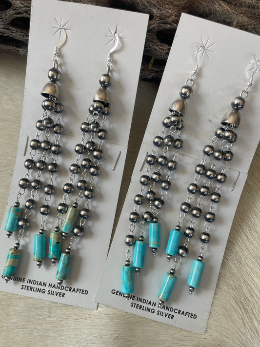 Navajo Pearl Sterling Silver Hand Made Turquoise Dangle Earrings