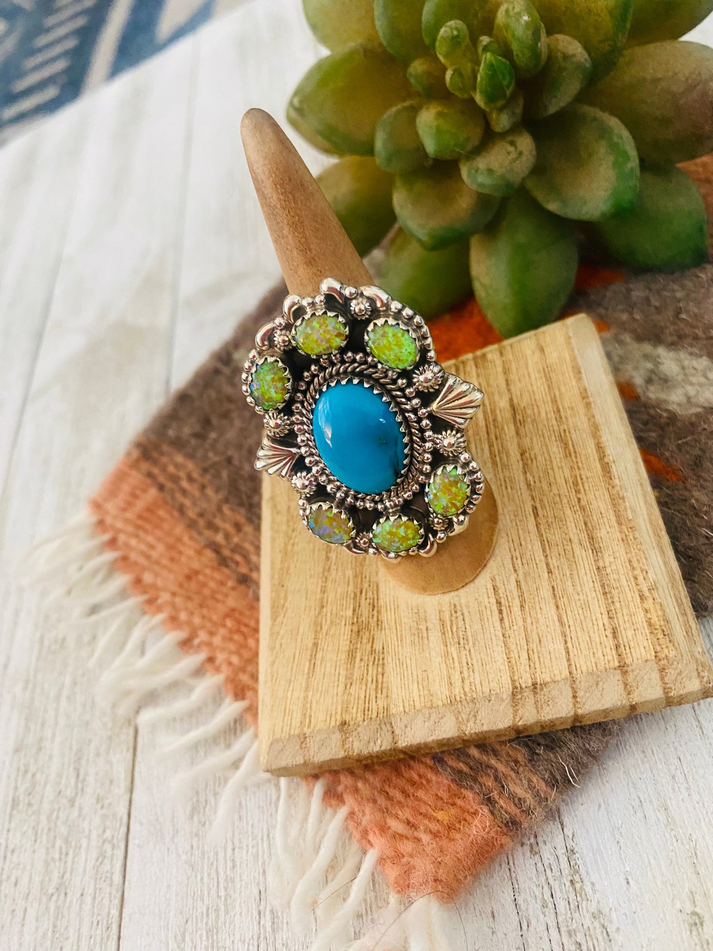 Handmade Sterling Silver, Turquoise & Opal Cluster Adjustable Ring