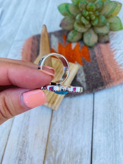 Handmade Sterling Silver, Opal & Turquoise Cluster Adjustable Ring