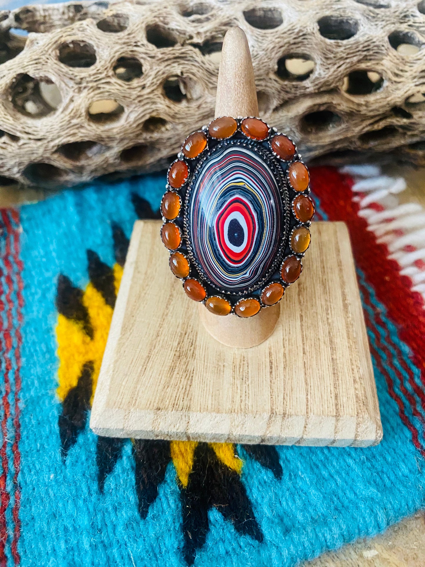 Handmade Sterling Silver, Fordite & Garnet Cluster Adjustable Ring