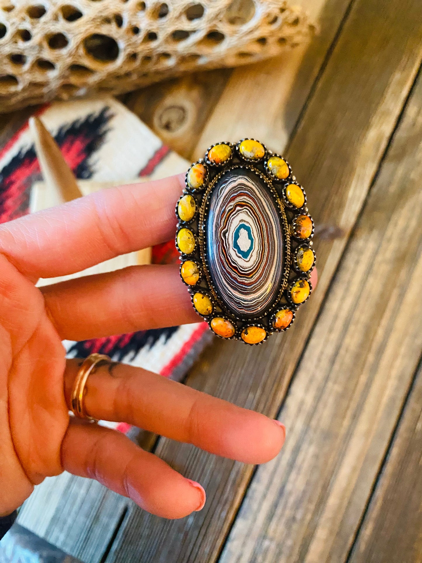 Handmade Sterling Silver, Fordite & Orange Mohave Cluster Adjustable Ring