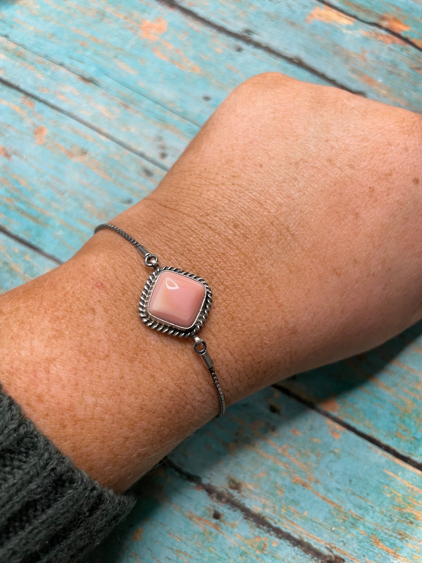 Navajo Queen Pink Conch Shell & Sterling Silver Chain Bracelet By P. Skeets