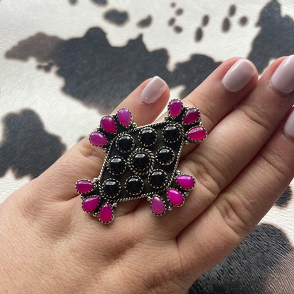 Handmade Pink & Black Onyx Sterling Silver Adjustable Ring Signed Nizhoni