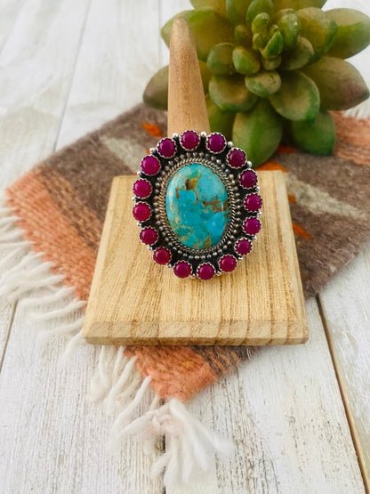 Handmade Sterling Silver, Pink Onyx & Turquoise Cluster Adjustable Ring