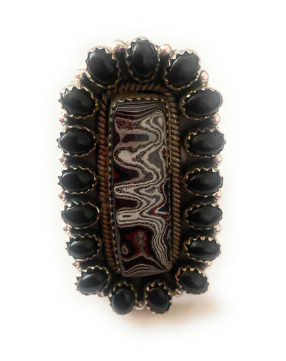 Handmade Sterling Silver, Fordite & Onyx Cluster Adjustable Ring