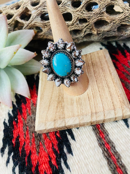 Handmade Sterling Silver, Wild Horse & Turquoise Cluster Adjustable Ring