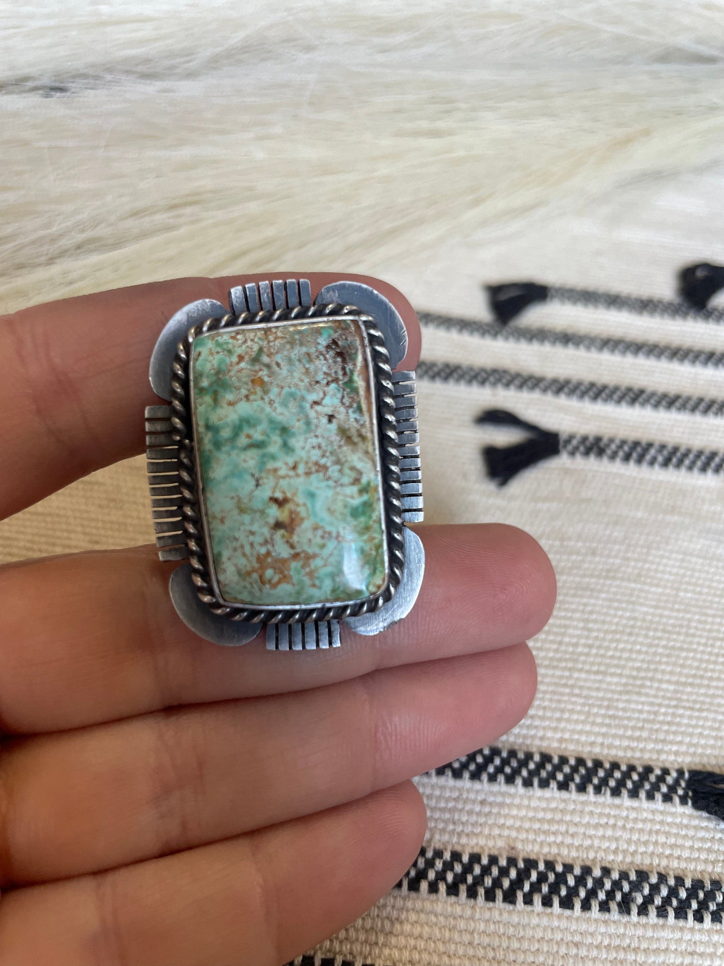 Navajo Turquoise & Sterling Silver Ring Size 10 Signed Russell Sam