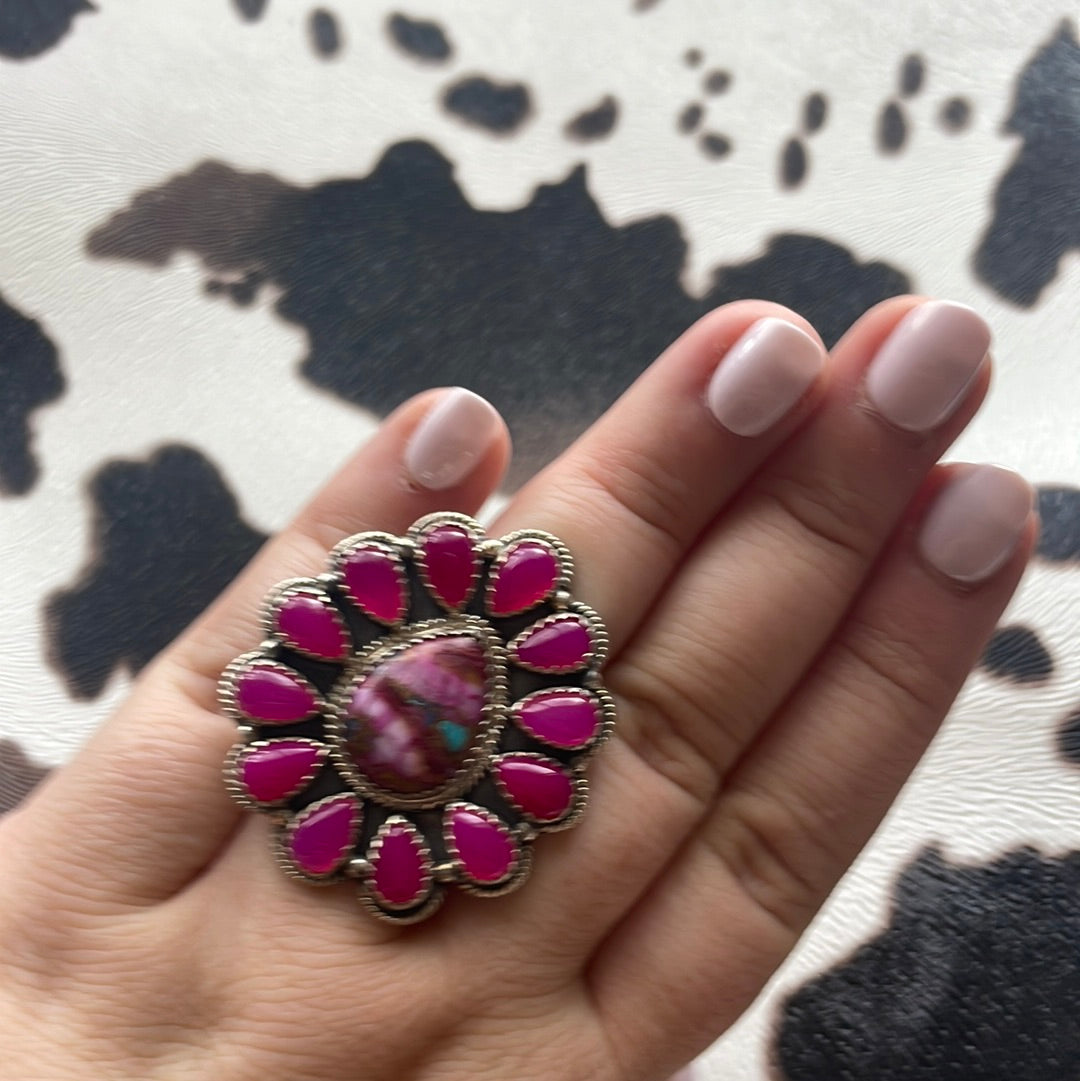 Beautiful Handmade Pink Dream, Pink Onyx And Sterling Silver Adjustable Ring Signed Nizhoni