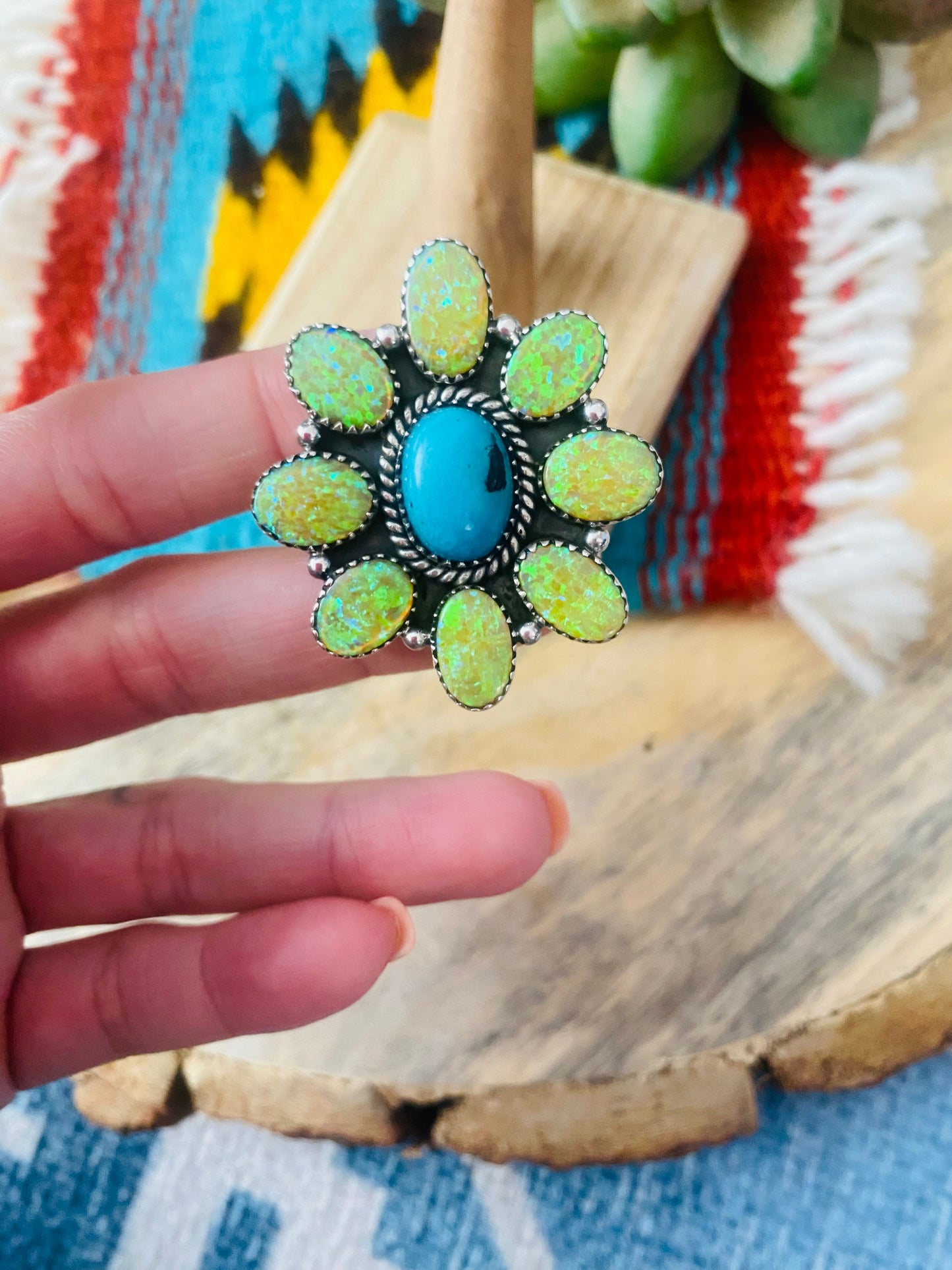 Handmade Sterling Silver, Opal & Turquoise Cluster Adjustable Ring