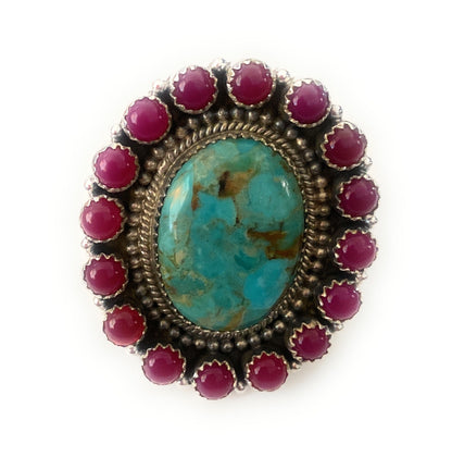 Handmade Sterling Silver, Pink Onyx & Turquoise Cluster Adjustable Ring