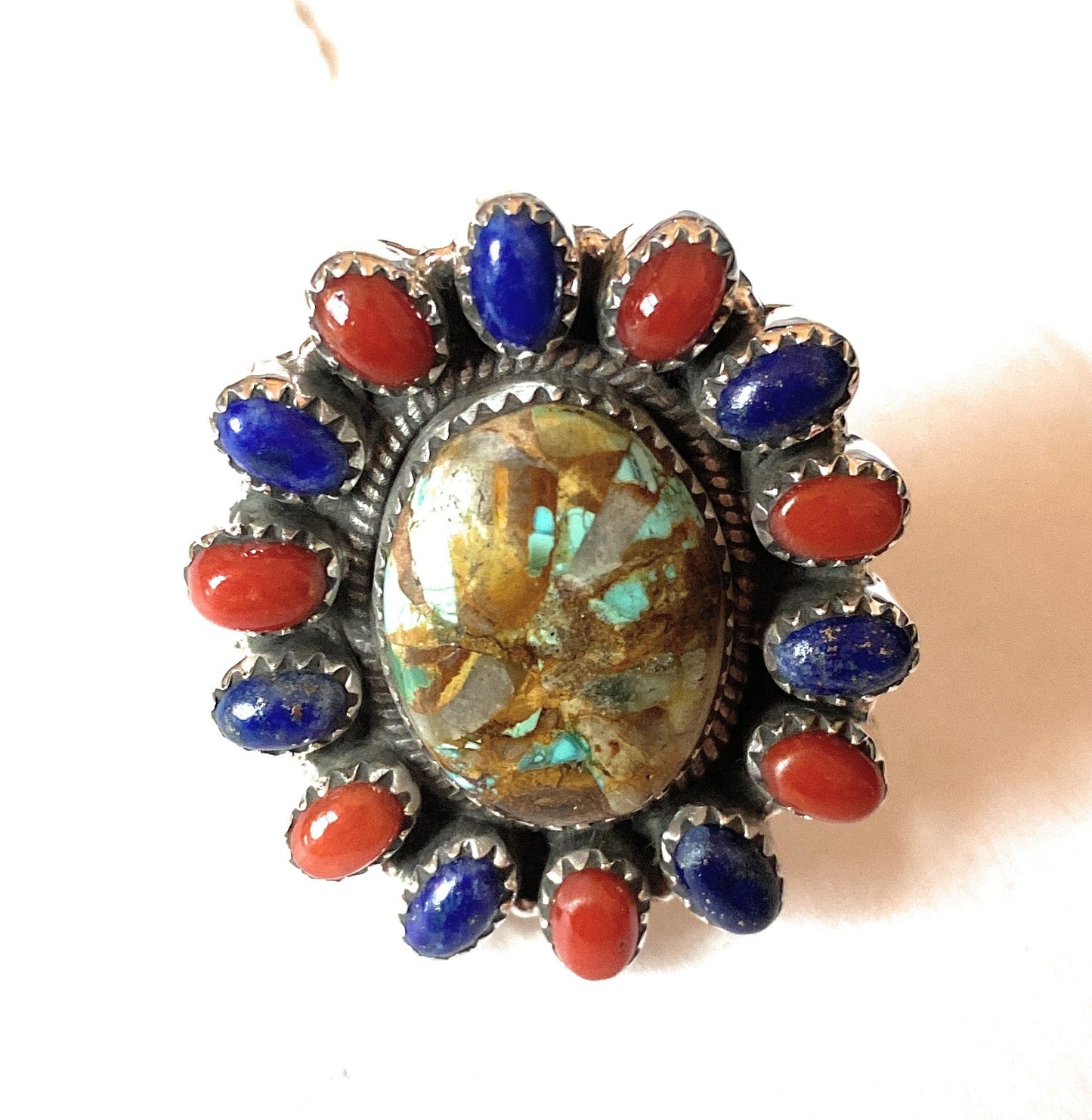 Handmade Sterling Silver, Turquoise, Coral & Lapis Cluster Adjustable Ring