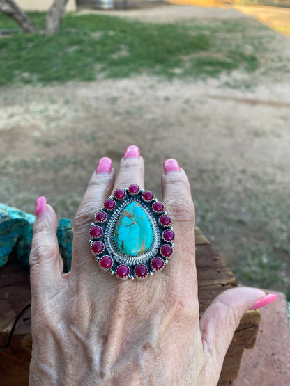 Handmade Royston Turquoise & Pink Onyx Adjustable Ring