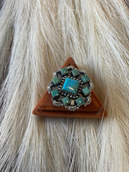 Handmade Sterling Silver & Turquoise Cluster Adjustable Ring Signed Nizhoni