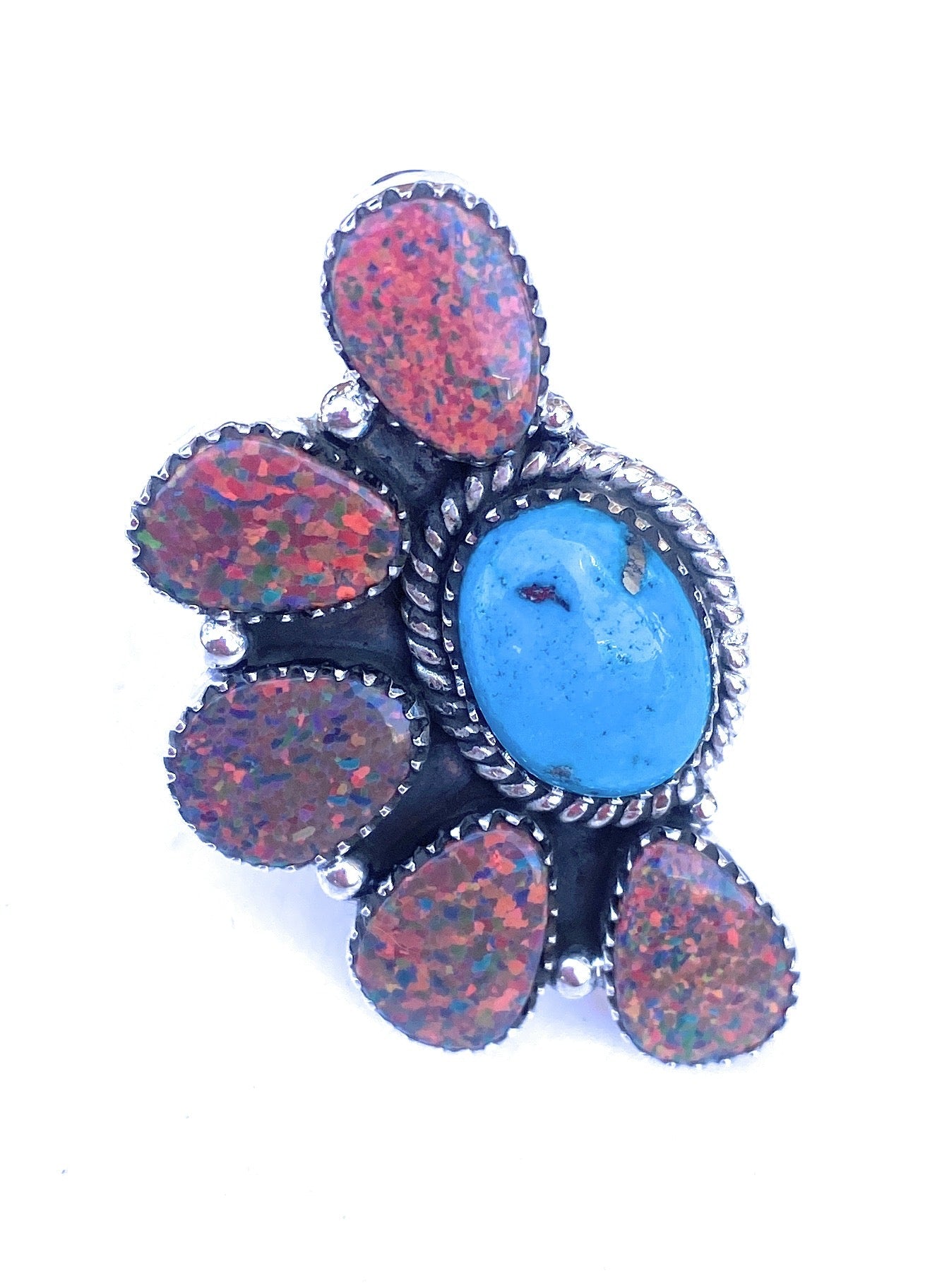 Handmade Sterling Silver, Opal & Turquoise Cluster Adjustable Ring