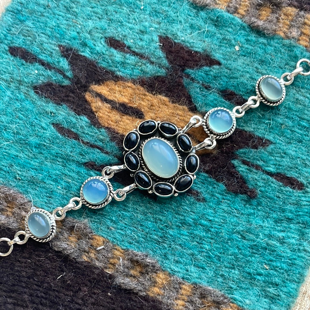 Handmade Sterling Silver, Onyx & Aqua Calcedony Link Bracelet Signed Nizhoni