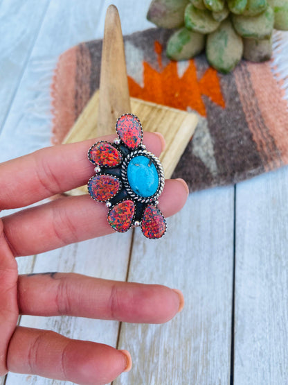 Handmade Sterling Silver, Opal & Turquoise Cluster Adjustable Ring