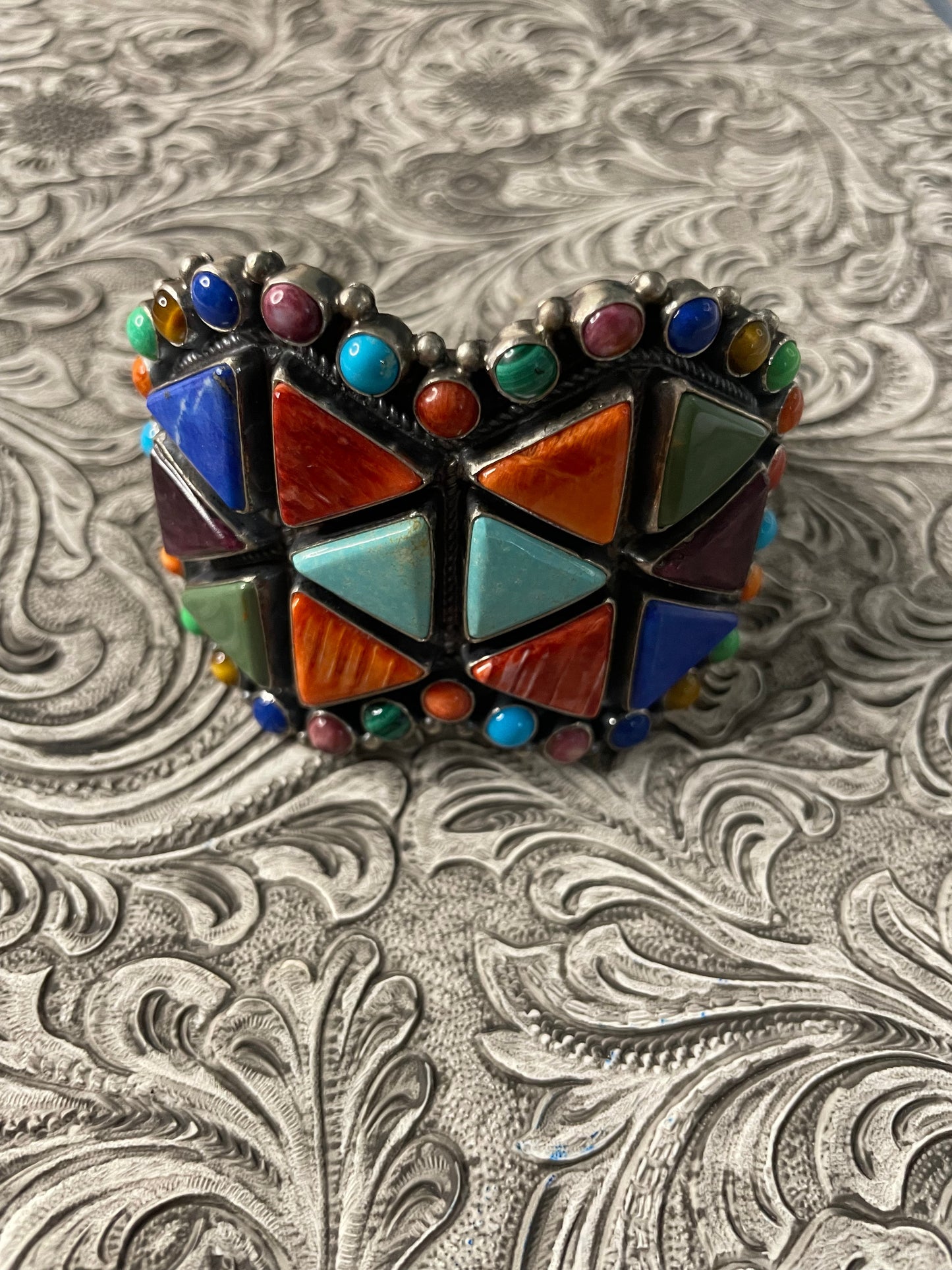 Anthony Skeets Navajo Multi Stone & Sterling Silver Cuff Bracelet Signed