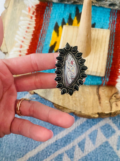 Handmade Sterling Silver, Fordite & Onyx Cluster Adjustable Ring