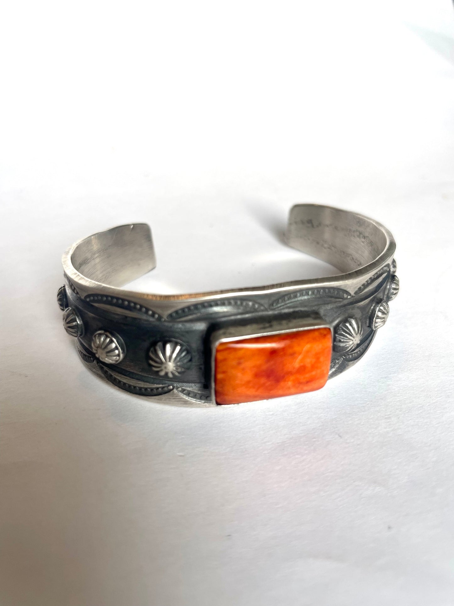 Navajo Sterling Silver & Orange Spiny Cuff Stamped And Signed By Chimney Butte