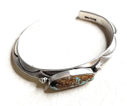 Navajo Hand Stamped Sterling Silver & Turquoise Cuff Bracelet Signed