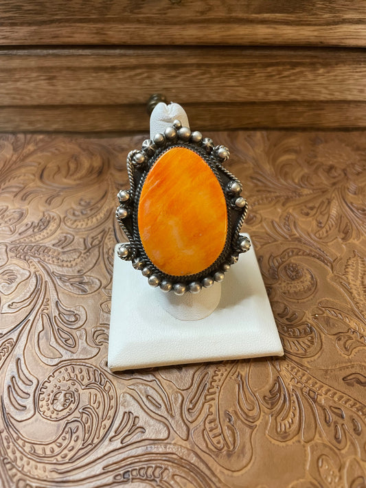 Navajo Sterling Silver And Orange Spiny Ring Size 8