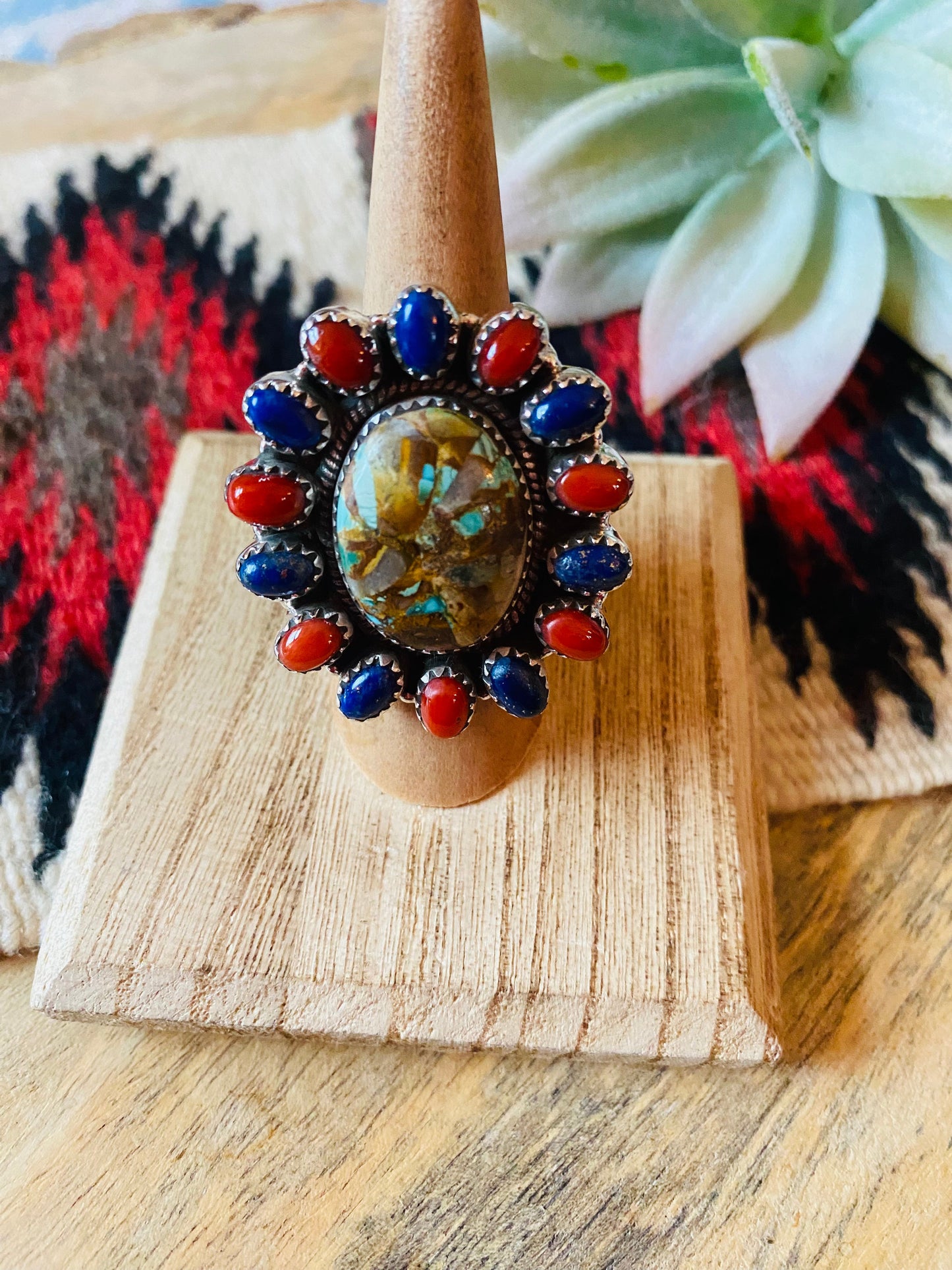 Handmade Sterling Silver, Turquoise, Coral & Lapis Cluster Adjustable Ring