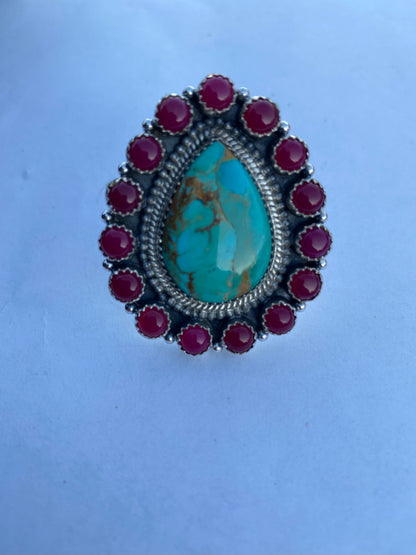 Handmade Royston Turquoise & Pink Onyx Adjustable Ring