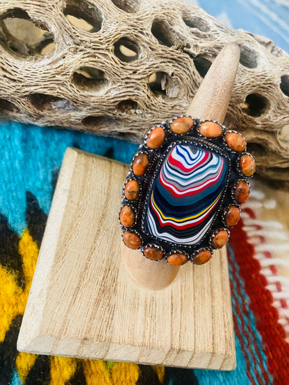 Handmade Sterling Silver, Fordite & Orange Mohave Cluster Adjustable Ring