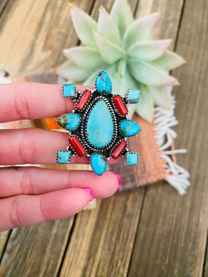 Handmade Sterling Silver, Turquoise & Coral Cluster Adjustable Ring