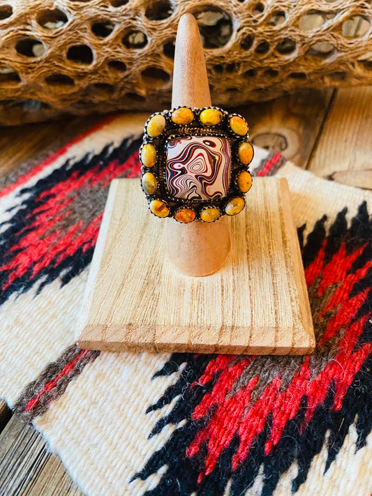 Handmade Sterling Silver, Fordite & Orange Mohave Cluster Adjustable Ring